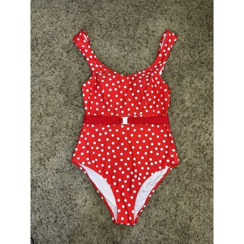 CUPSHE Red Polka Dot Belted One-Piece Swimsuit SMALL